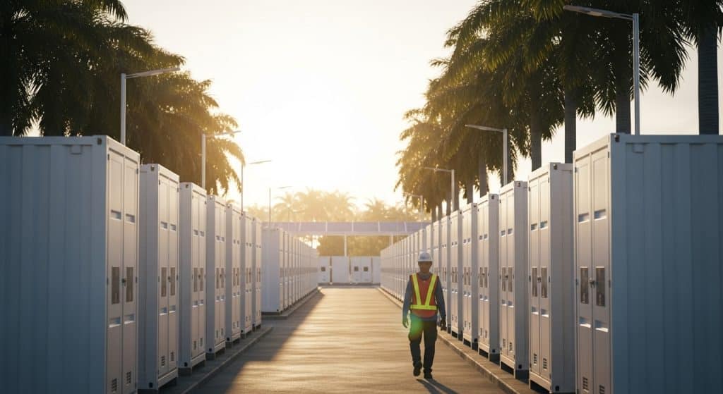Technician walking between Battery Energy Storage System (BESS) units at a clean-energy facility in Southeast Asia during sunrise.