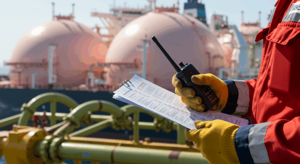 Loading Master at LNG terminal supervising cargo transfer with checklist and radio, showing why they are the backbone of energy transport and maritime safety