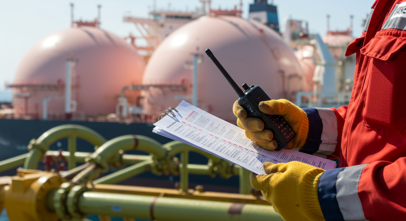Loading Master at LNG terminal supervising cargo transfer with checklist and radio, showing why they are the backbone of energy transport and maritime safety