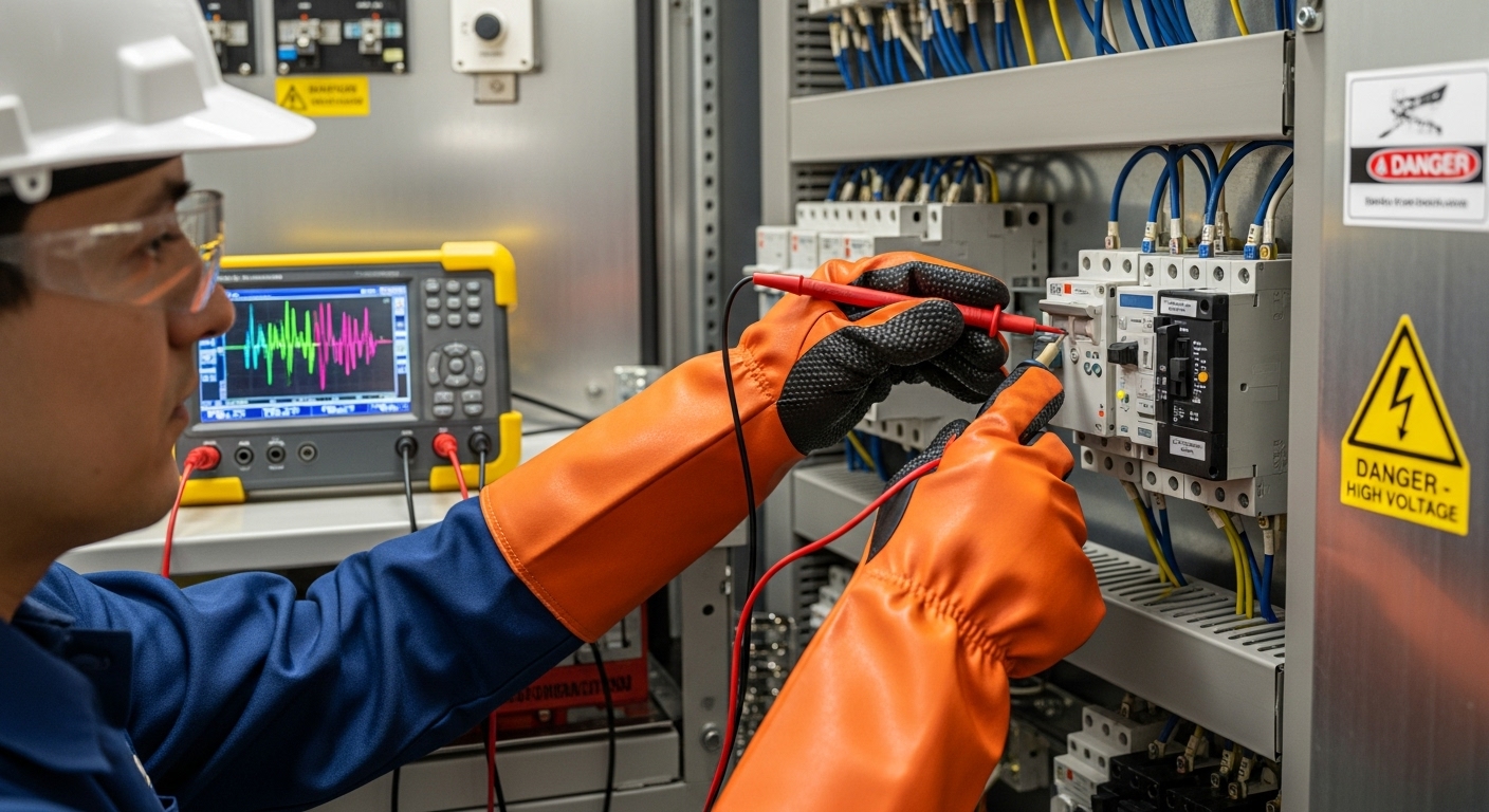Engineer performing electrical commissioning on high-voltage power system equipment