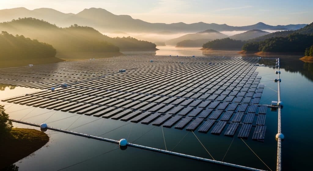 Floating solar mooring systems supporting a large floating solar farm on a calm reservoir surrounded by mountains at sunrise