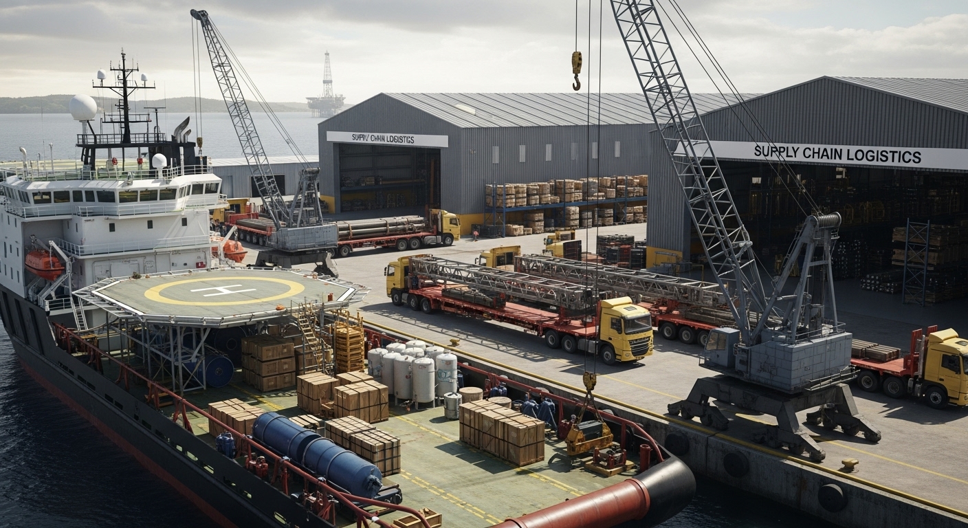 Offshore supply vessel docked at an oil and gas logistics hub with cranes, cargo, and trucks supporting procurement and supply chain operations.