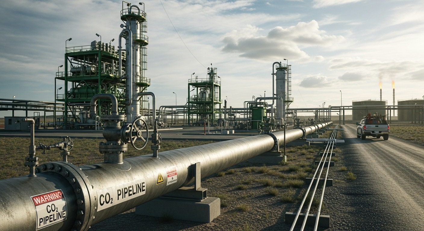 CO₂ pipeline and processing facility at an industrial site supporting carbon capture and storage operations.