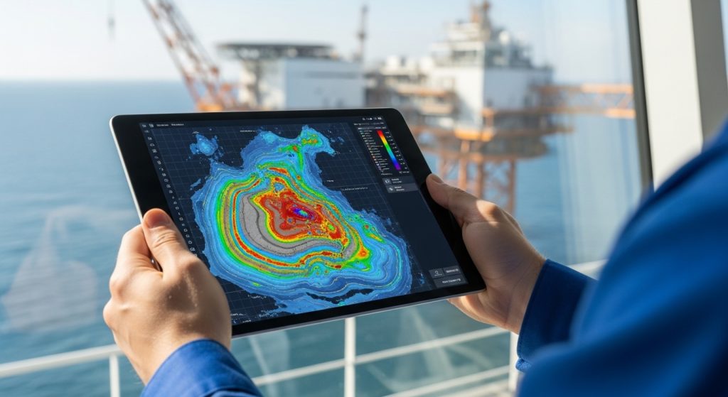 Person holding a tablet displaying a colorful geospatial heatmap map, with an offshore oil platform visible in the background over the ocean.