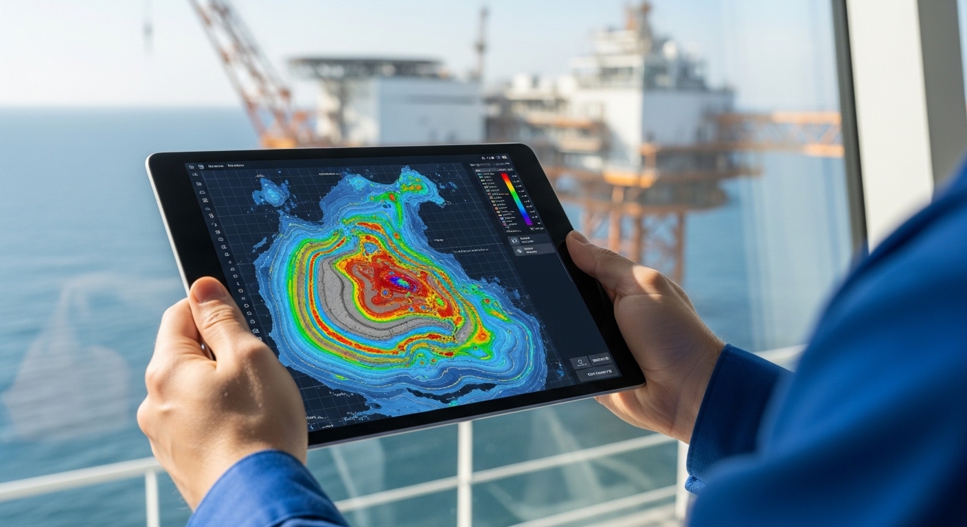 Person holding a tablet displaying a colorful geospatial heatmap map, with an offshore oil platform visible in the background over the ocean.
