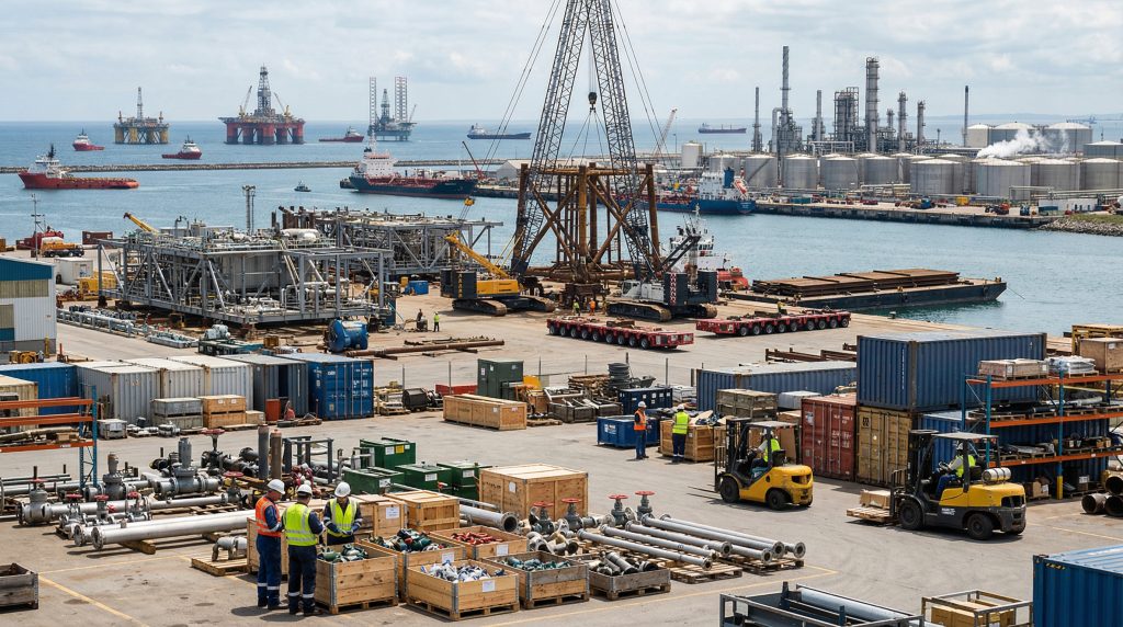 Oil and gas supply chain operations at an industrial port with offshore rigs, refinery storage tanks, cargo containers and workers handling equipment.