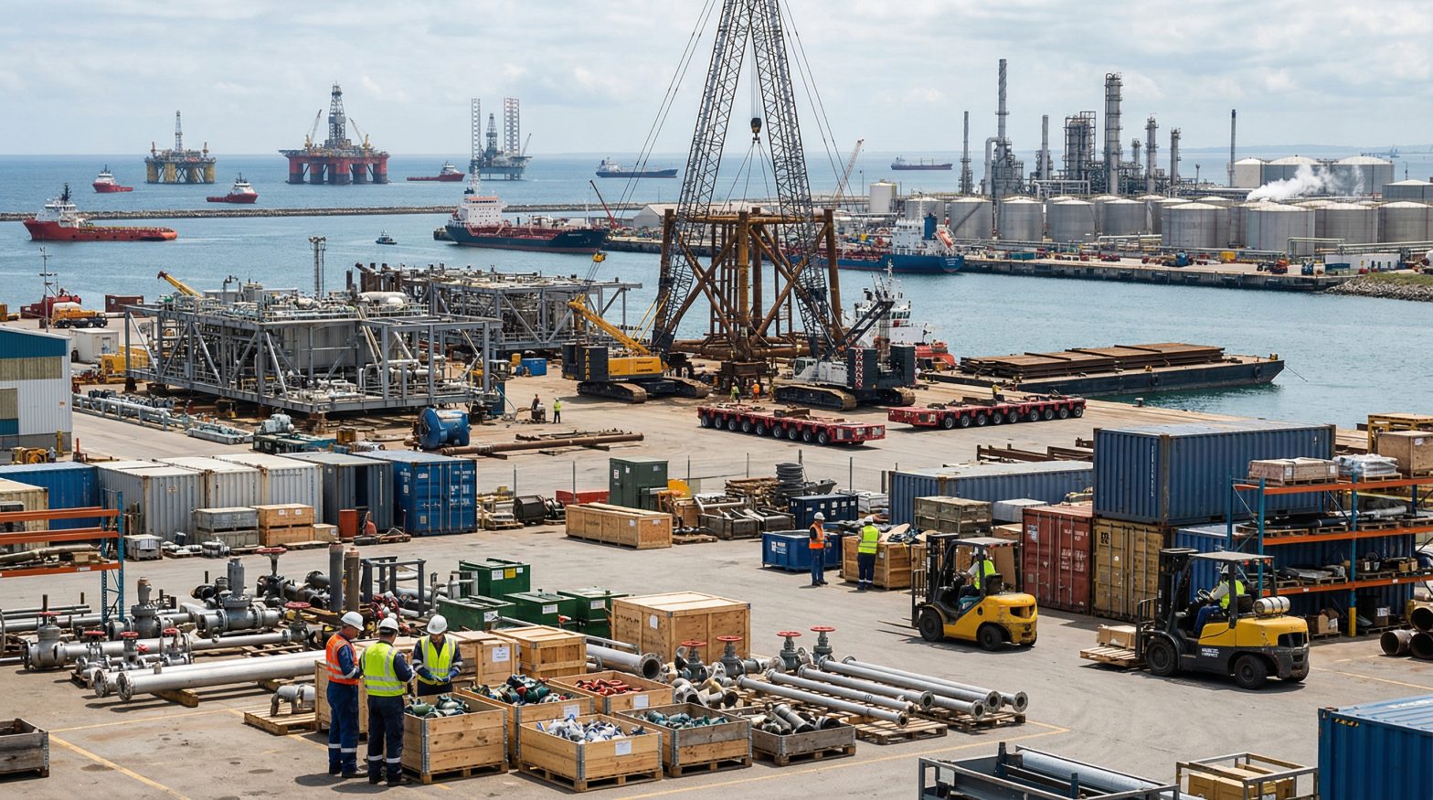 Oil and gas supply chain operations at an industrial port with offshore rigs, refinery storage tanks, cargo containers and workers handling equipment.