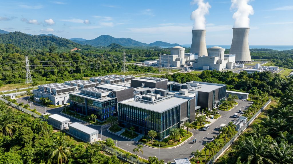 Modern data centre campus beside a nuclear power plant in a tropical Southeast Asian landscape