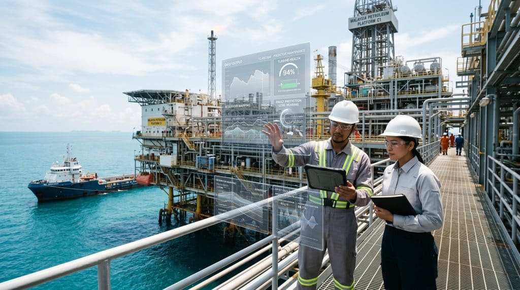 Engineers on a Malaysia offshore oil and gas platform using AI and digital analytics for operational decision-making