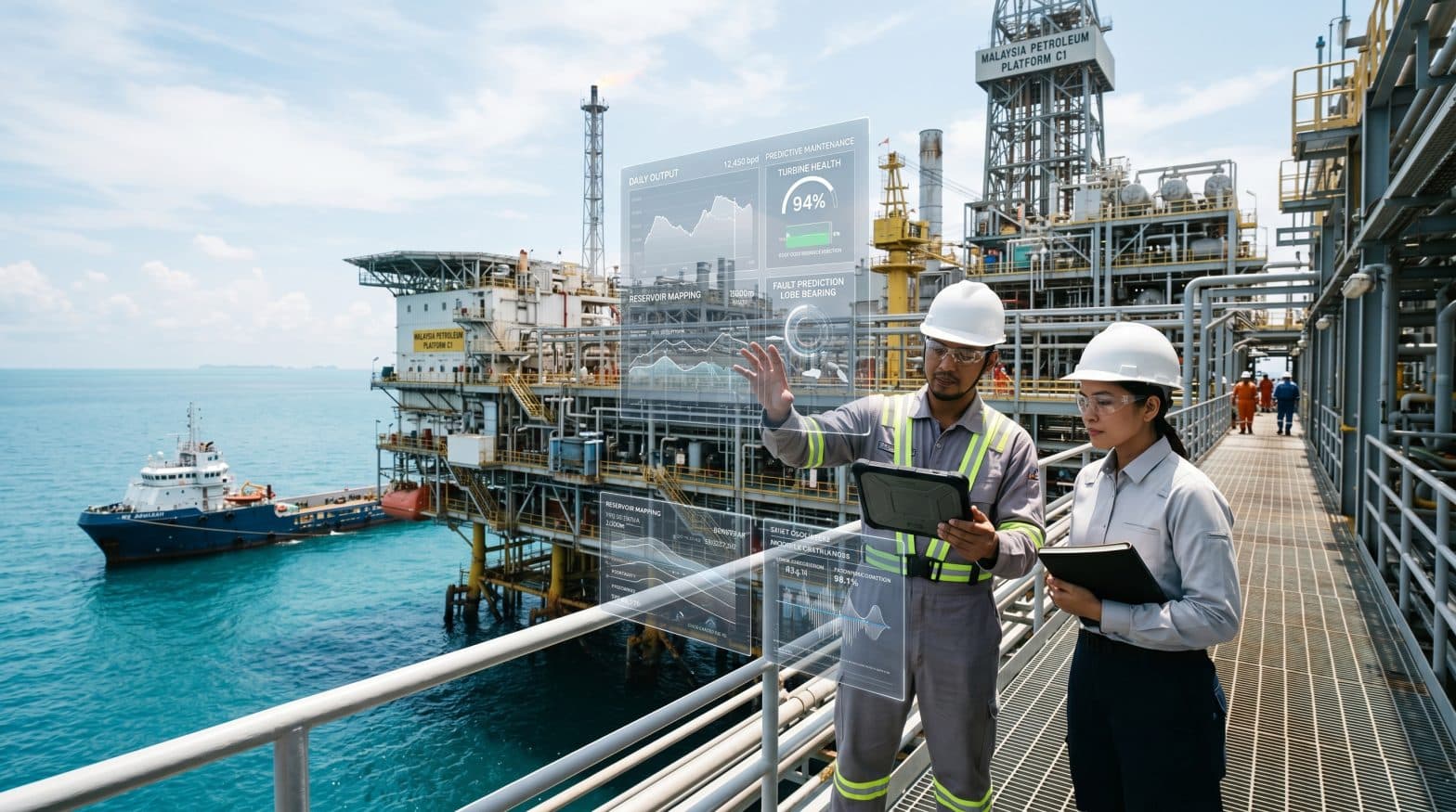 Engineers on a Malaysia offshore oil and gas platform using AI and digital analytics for operational decision-making