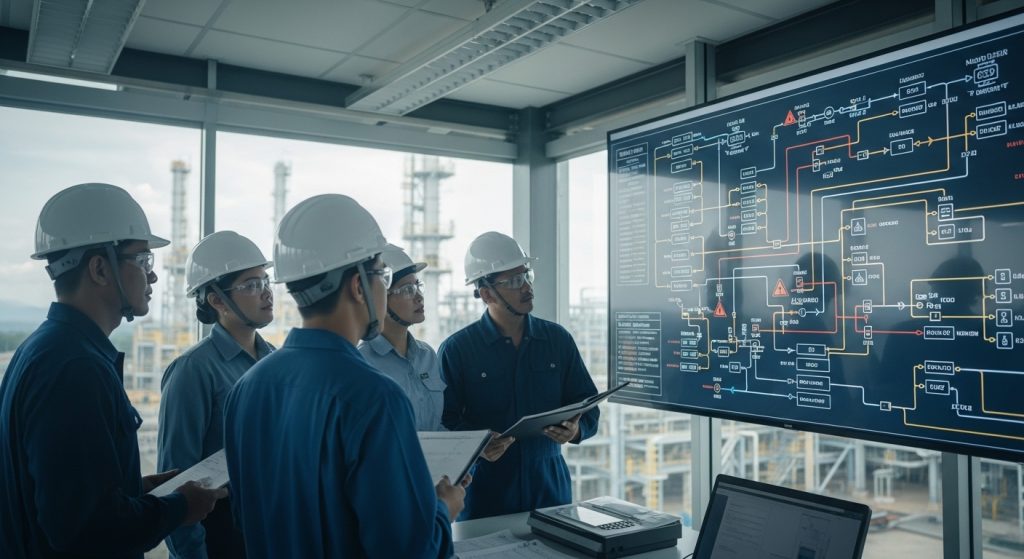HAZOP in Malaysia training session with engineers reviewing a process safety diagram at an industrial plant.
