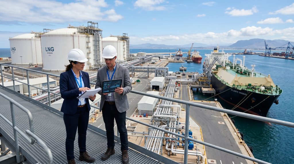 LNG professionals reviewing contract and operational data at an LNG terminal with storage tanks and LNG carrier, highlighting LNG contract management in Malaysia.