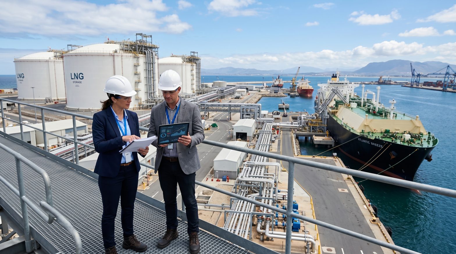 LNG professionals reviewing contract and operational data at an LNG terminal with storage tanks and LNG carrier, highlighting LNG contract management in Malaysia.