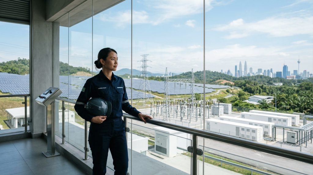Engineer overlooking a solar and grid integration facility near Kuala Lumpur, representing renewable energy skills development in Malaysia.