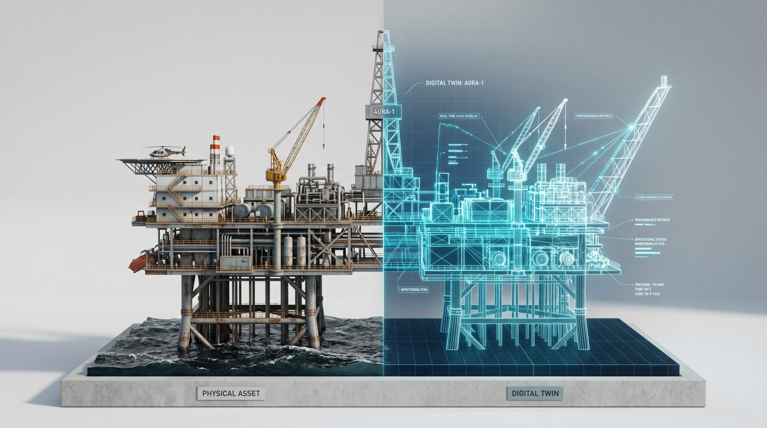 A split-view image of an offshore oil and gas platform, showing the physical asset on the left and a glowing digital twin model with real-time data overlays on the right.