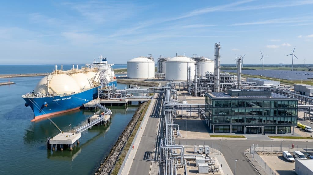LNG carrier docked at a natural gas terminal with storage tanks, pipelines, solar panels and wind turbines, representing the evolving natural gas outlook and energy transition.