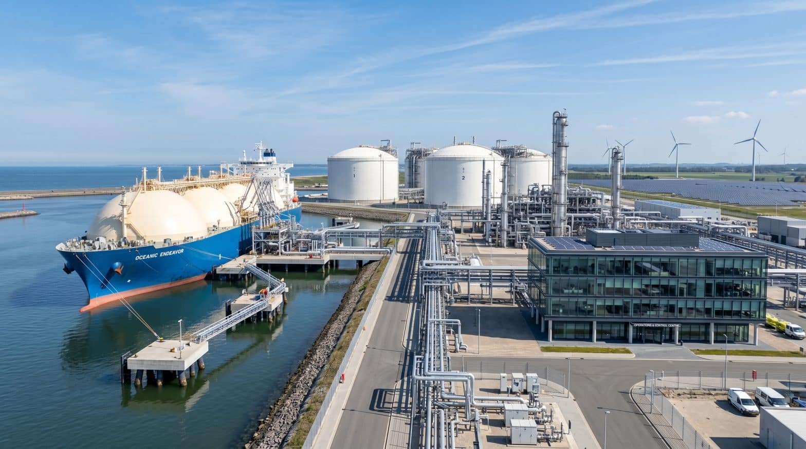 LNG carrier docked at a natural gas terminal with storage tanks, pipelines, solar panels and wind turbines, representing the evolving natural gas outlook and energy transition.
