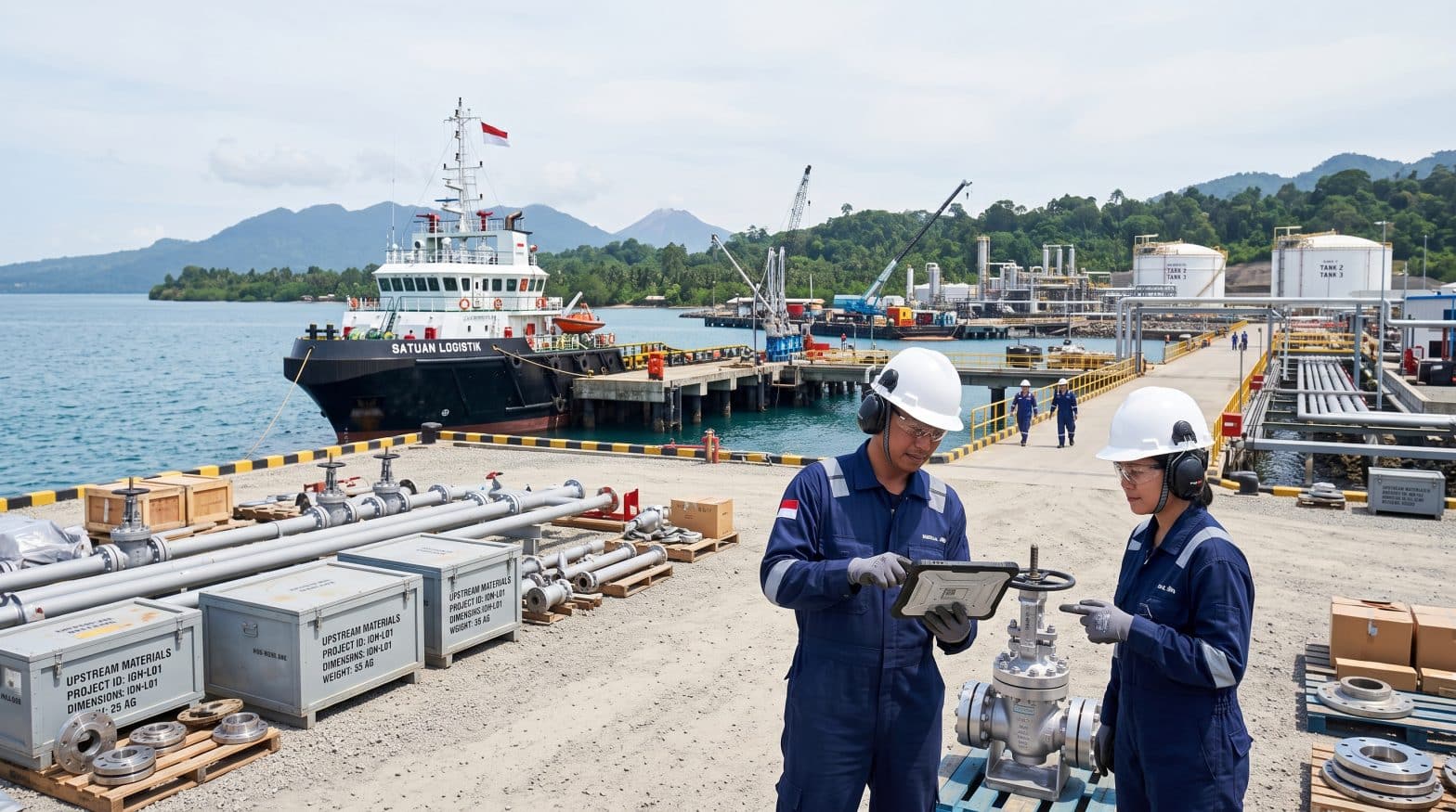 Indonesian oil and gas professionals inspecting upstream equipment at a coastal energy logistics terminal.