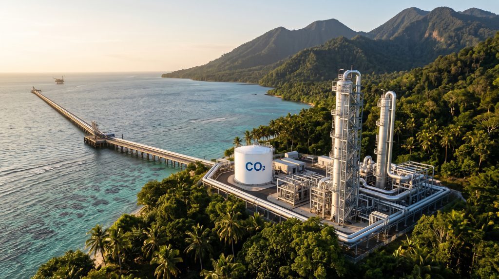 Aerial view of a coastal CO₂ capture plant with a storage tank and a pipeline jetty leading to an offshore platform