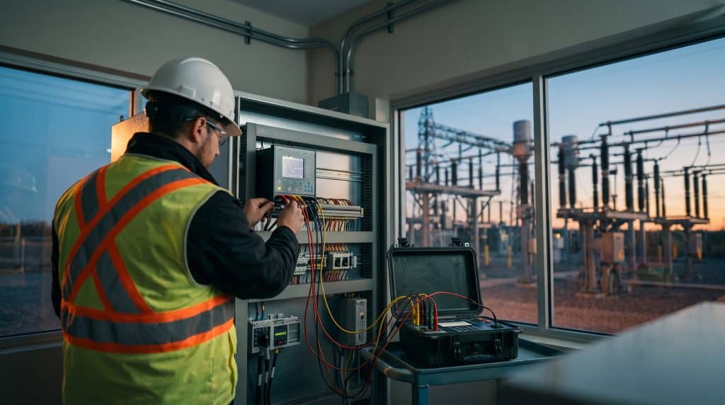 Engineer testing a protection relay panel with a relay test set, an example of relay protection in power systems