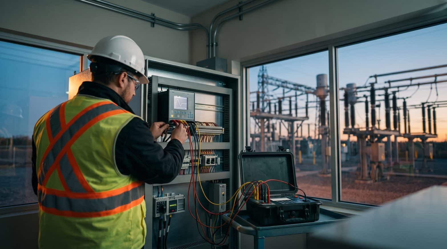 Engineer testing a protection relay panel with a relay test set, an example of relay protection in power systems