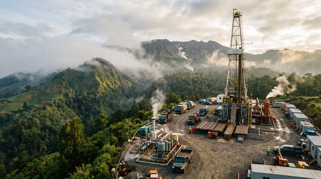 Geothermal drilling in Indonesia: a drilling rig on a volcanic hillside well pad with steam rising nearby