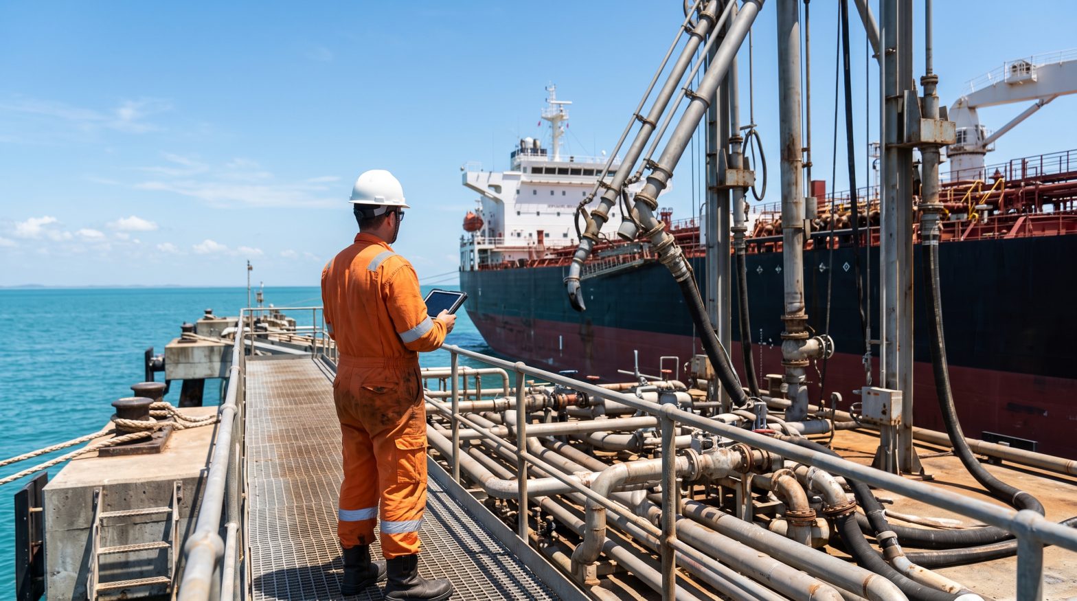 Loading Master in orange coveralls and a white hard hat checking a tablet on a jetty walkway while a tanker is moored alongside cargo hoses and pipework