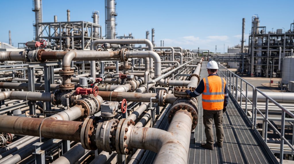 Engineer inspecting flanged process piping at an oil refinery